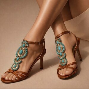 Kate Spade Tan 3in Heeled Sandals Leather with Turquoise Gemstones Size 8 Italy